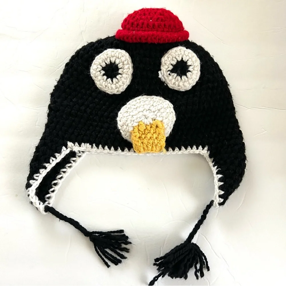 Penguin Crochet Hat with Red and Yellow Accents child